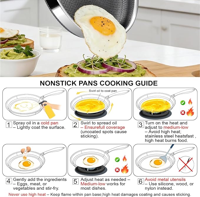 Non Stick Frying Pans, 8-inch Hybrid Frying Pans Nonstick Stainless Steel Skillets, Dishwasher & Oven-Safe, Stay-Cool Handle, PFOA Free Cookware, Compatible with All Cooktops - Image 4