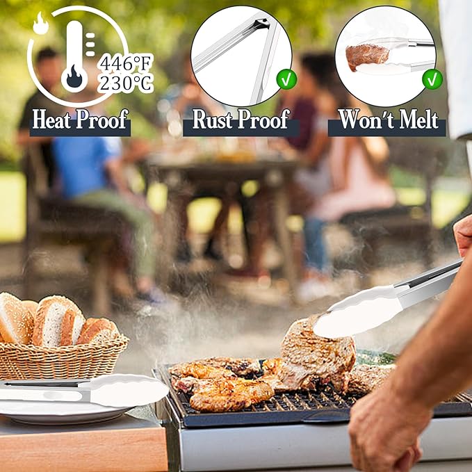 TeamFar Kitchen Tongs, 9" and 12" Stainless Steel Cooking Tongs with Silicone Tips for Cooking Grilling Serving & BBQ, Heat Resistant Silicone Tongs, Locking Design & Dishwasher Safe, Set of 2 & White - Image 4