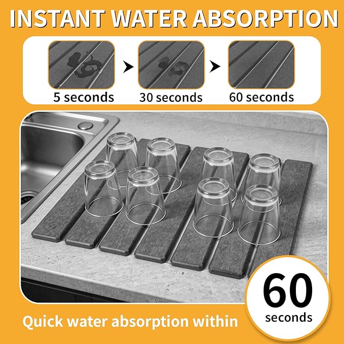 Stone Dish Drying Mat for Kitchen Counter, 16''×12'' Quick Dry Stone Dishes Mats Foldable Foldable Water Absorbing Diatomaceous Earth Drying Organizer Pad for Dishes Utensils Bottles(Dark Gray) - Image 2