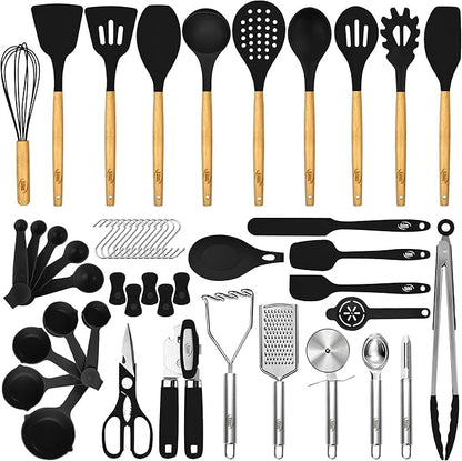 Kaluns 50 PCS Silicone Kitchen Utensils Set Complete Kitchen Set - 800°F Heat Resistant Non-Stick Premium Cooking Utensils W Wooden Handles - Can Opener, Masher, Turner, Silicone Spatula Set - Image 9