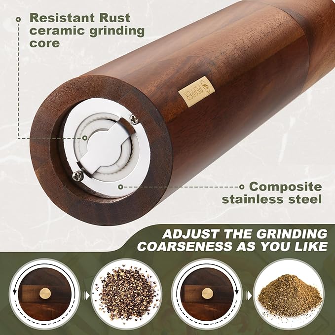 Wooden Salt and Pepper Grinder Set 8 Inch Manual Salt and Pepper Mill with Tray Adjustable Coarseness Refillable Wood Grinders with Gold Bottle Label for Kitchen Christmas Home Gift(Wood Color) - Image 5