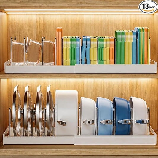 Nigelia 2 Pack Pots and Pans Organizer for Under Cabinet, 22" Expandable Food Storage Container Lid Organizers with 10 Adjustable Dividers Pot Lid Holders Rack Inside Cabinet&Kitchen Countertop(White)