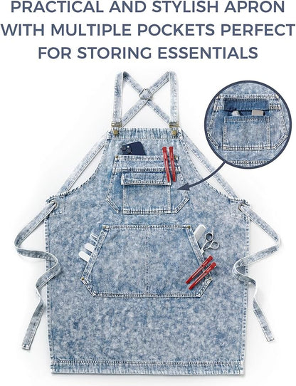 Denim Apron with Pockets for Hair Stylist Gardening Craftsmen Barista Women Hairdresser Jean Work Apron Cross Straps