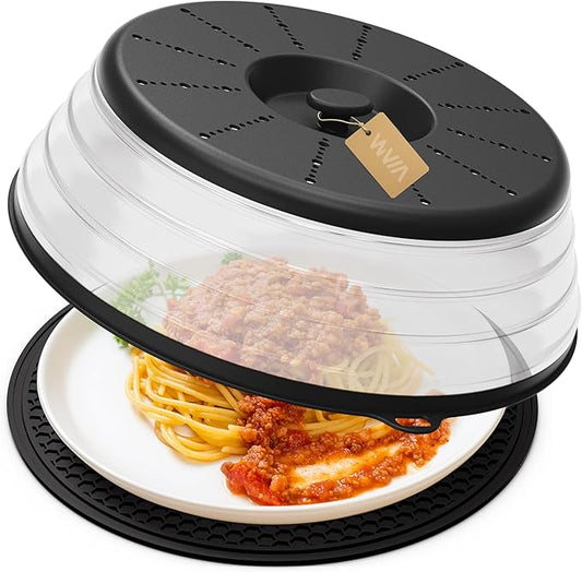 WVM Microwave Splatter Cover & Mat, Vented Collapsible Splatter Guard dish Plate lid & Silicone Round Kitchen Mat for Food, Meal Prep by WVM