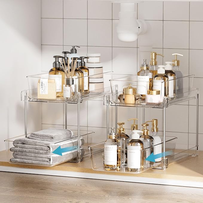 Vtopmart 8 Pack Bathroom Organizer, 2 Tier Clear Under Sink Organizers Vanity Countertop Storage Container,Cabinet Drawers Bins, Pull-Out Organization with Track for Pantry, Kitchen - Image 3