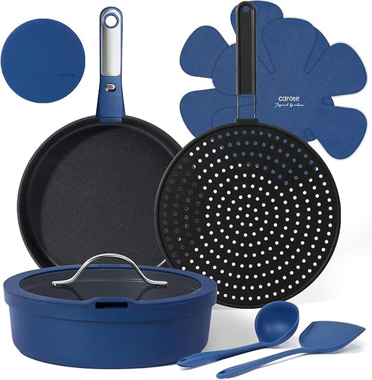 CAROTE 10-Piece Pots and Pans Set, Nonstick Cookware Set Detachable Handle, Frying Pan with Splatter Screen, Oven Safe, Induction Ready, Stackable, Blue