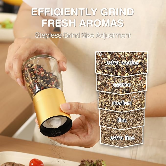 Vucchini Gold Salt and Pepper Grinder Mill - Adjustable Coarseness Ceramic Brass Spice Grinder Shaker - Refillable Glass Pepper Grinders for Home Golden Kitchen Accessories - Image 3