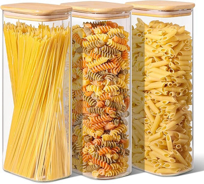 ComSaf 2.2 Qt Rectangle Glass Storage Containers with Lids, Glass Jars with Bamboo Lids, Clear Food Storage Jar, Tall Spaghetti Container, Pantry Storage Container for Pasta Flour Oats Nuts Rice by ComSaf