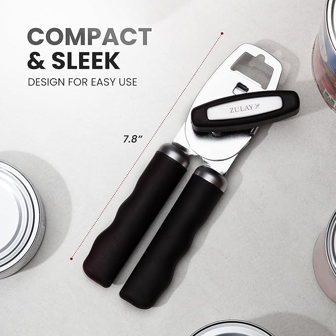 Zulay Kitchen Heavy Duty Stainless Steel Can Opener Manual with Bottle Opener - Rust Proof Manual Can Opener With Turn Knob & Comfy Soft Grip Handles - Black - Image 4