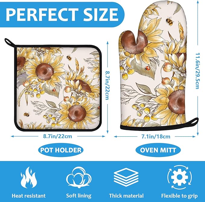 Watercolor Sunflower Oven Mitts and Pot Holders Sets Heat Resistant 4Pcs Potholders Oven Gloves Hot Pads for Kitchen Baking Cooking Grilling BBQ