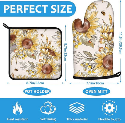 Watercolor Sunflower Oven Mitts and Pot Holders Sets Heat Resistant 4Pcs Potholders Oven Gloves Hot Pads for Kitchen Baking Cooking Grilling BBQ
