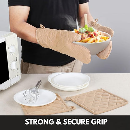 Oven Mitt (7"x13") & Pot Holder (8"x8") 100% Cotton Set of Heat Resistant Oven Gloves & Hot Pads for Gifts, BBQ, Cooking, Baking, Thanksgiving - Beige