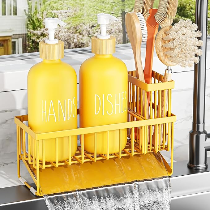 Cisily Yellow Dish Soap Dispenser Set, 16 fl Oz Dual Kitchen Soap Dispensers with Sponge Holder, Customized Stainless Steel Kitchen Soap Dispenser Set, Lemon Kitchen Decor and Accessories by CISILYHOMELIFE
