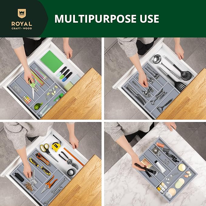 ROYAL CRAFT WOOD Luxury Bamboo Kitchen Drawer Organizer - Silverware Organizer - Utensil Holder and Cutlery Tray with Grooved Drawer Dividers for Flatware and Kitchen Utensils (7 Slot, Gray) - Image 8