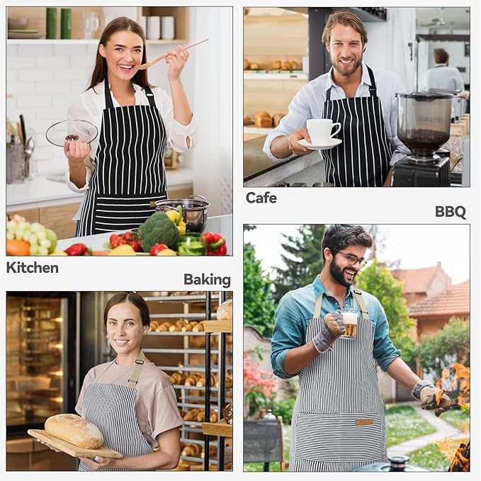 NLUS 2 Pcs Kitchen Cooking Aprons, Poly/Cotton Blend Adjustable Soft Bib Stripe Aprons with 2 Pockets for Women Men Chef (Blue Pinstripes/Black Stripes) - Image 7