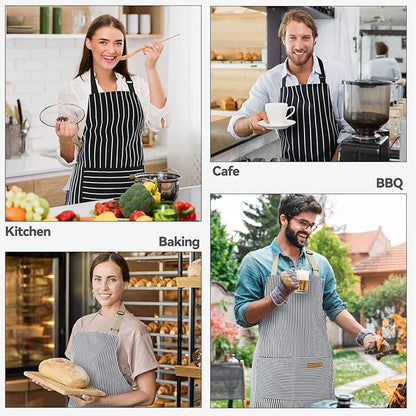 NLUS 2 Pcs Kitchen Cooking Aprons, Poly/Cotton Blend Adjustable Soft Bib Stripe Aprons with 2 Pockets for Women Men Chef (Blue Pinstripes/Black Stripes) - Image 7