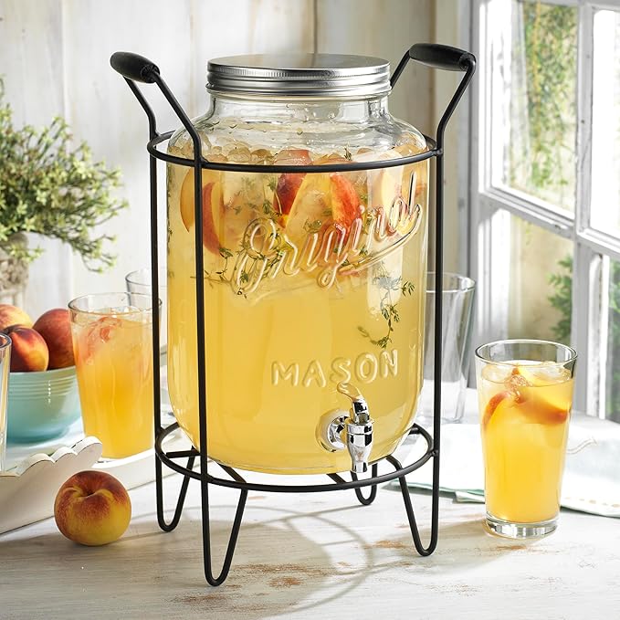 2 PACK-2 GALLON Drink Dispensers for Parties, Drink Dispensers for Parties, Original Mason Beverage Dispensers with Stand, Glass Water Jug Dispenser, 100% Leakproof Spigot