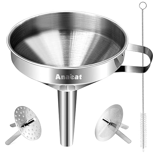 Anaeat Stainless Steel Kitchen Funnel, Multi-Use Premium Metal Food Grade Cooking Funnels with 2 Removable Strainer Filter for Transferring Liquid or Dry ingredients, Oils & 1 Pc Cleaning Brush (5.0") by Anaeat