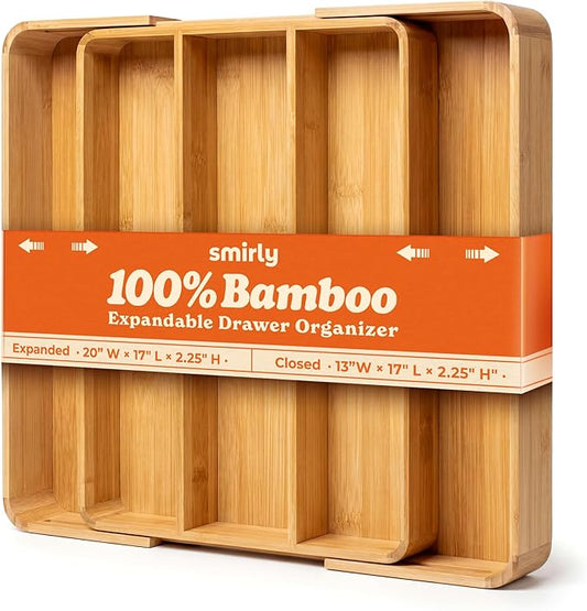 SMIRLY Silverware Drawer Organizer – Bamboo Kitchen Drawer Organizer, Adjustable Utensil Holder and Cutlery Tray, Drawer Dividers for Flatware and Kitchen Utensils