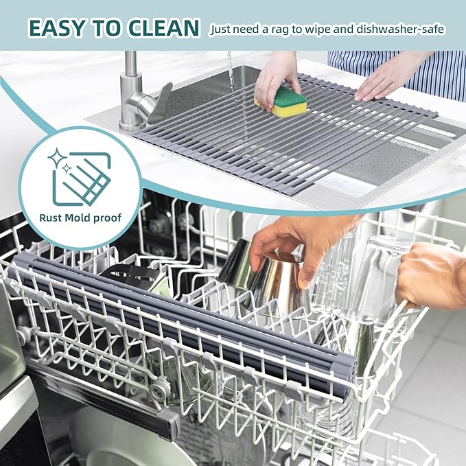 Ohuhu Sink Drying Rack, 20.5" W x 16.1" L Over The Sink Roll-Up Dish Drainer - Rolling Foldable Accessories Heat-Resistant Mat Anti-Slip Silicone Coated Multipurpose for Kitchen Counter - Image 8