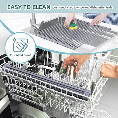 Ohuhu Sink Drying Rack, 20.5" W x 16.1" L Over The Sink Roll-Up Dish Drainer - Rolling Foldable Accessories Heat-Resistant Mat Anti-Slip Silicone Coated Multipurpose for Kitchen Counter - Image 8