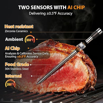 Wireless Meat Thermometer with 2 Probes & 800Ft Range - Smart Bluetooth BBQ Grill Thermometer with Standalone Base, NIST Certified ±0.5°F Accuracy