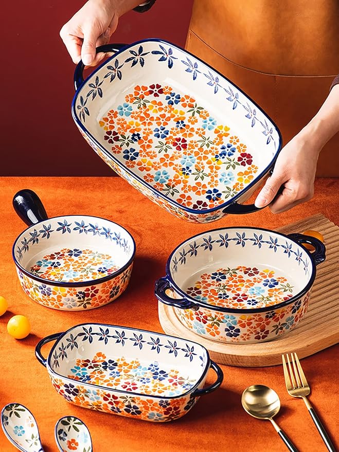 Colorful Cherry Blossom Flowers Vintage Style Ceramic Bakeware Dish Casserole Dish Baking Pan Lasagna Pans with Handles for Oven/Cooking/Kitchen, 1 PCS, 22 oz - Image 4