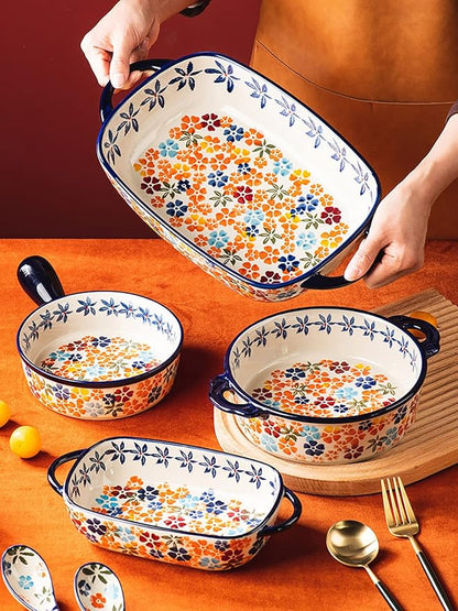 Colorful Cherry Blossom Flowers Vintage Style Ceramic Bakeware Dish Casserole Dish Baking Pan Lasagna Pans with Handles for Oven/Cooking/Kitchen, 1 PCS, 60 oz - Image 4