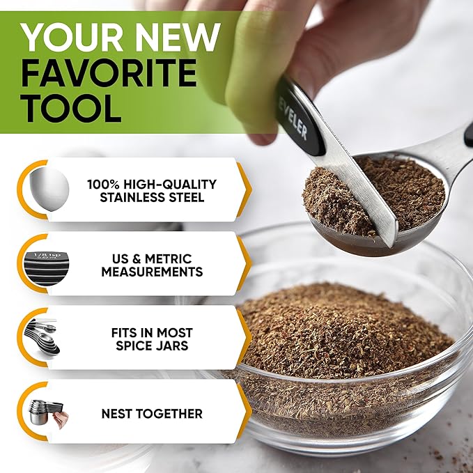 Spring Chef Magnetic Measuring Cups & Spoons Set, Patented, Strong N45 Magnets, Heavy Duty Stainless Steel Fits in Spice Jars for Baking & Cooking, BPA Free, Round Set of 15 with Leveler, Black - Image 5