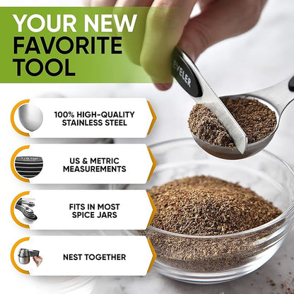 Spring Chef Magnetic Measuring Cups & Spoons Set, Patented, Strong N45 Magnets, Heavy Duty Stainless Steel Fits in Spice Jars for Baking & Cooking, BPA Free, Round Set of 15 with Leveler, Black - Image 5