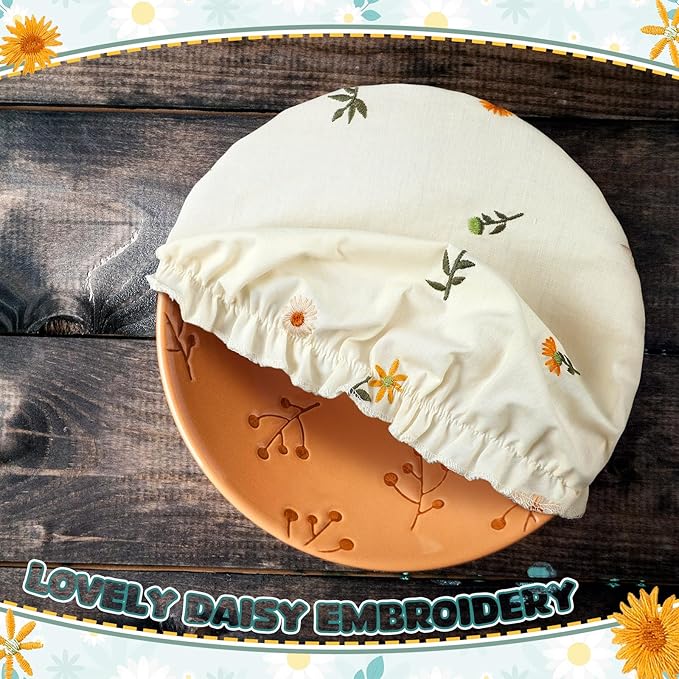 Patelai 10 Pcs Bowl Covers Reusable in 5 Size Stretch Cloth Fabric Elastic Food Storage Bowl Covers Bread Sourdough Lids for Proofing Food Fruits Leftover(Yellow, Green, White,Embroidery Daisy) - Image 4