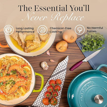 Shallow Cast Iron Casserole with Lid – Non Stick Dutch Oven Pot, Oven Safe up to 500° F – Sturdy Ovenproof Stockpot Cookware – Enamelled Cooking Pot – Dark Green, 3L, 30cm – by Nuovva