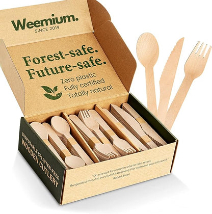 Weemium Disposable Wooden Cutlery Set - 300 Count (100 Forks, 100 Knives, 100 Spoons) – Plastic-free Packaging - Biodegradable Silverware and Splinter-free Compostable Utensils for Parties by Weemium