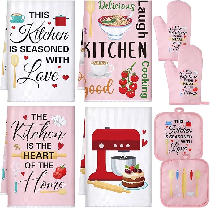 Leinuosen 8 Pcs Kitchen Towels and Oven Mitts Sets Pot Holders Dishcloths Set Kitchen Decorative Accessories Absorbent Potholders Heat Resistant for Chef Baking Cooking(Pink,Food) by Leinuosen