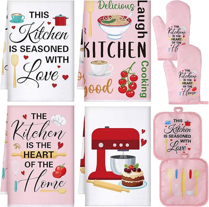 Leinuosen 8 Pcs Kitchen Towels and Oven Mitts Sets Pot Holders Dishcloths Set Kitchen Decorative Accessories Absorbent Potholders Heat Resistant for Chef Baking Cooking(Pink,Food) by Leinuosen