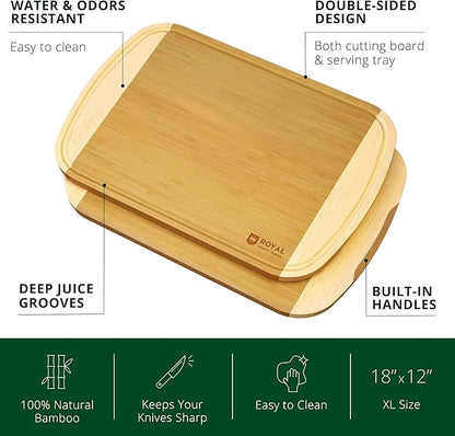 ROYAL CRAFT WOOD Wooden Cutting Boards for Kitchen Meal Prep & Serving - Bamboo Wood Serving Board Set with Deep Juice Groove Side Handles - Charcuterie & Chopping Butcher Block for Meat - Image 2
