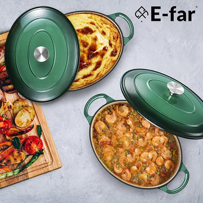 E-far 5QT Oval Dutch Oven Pot with Lid, Enameled Cast Iron Dutch Oven with Dual Handles, Heavy-Duty Cookware for Sourdough Bread Baking, Braising, Stews, Oven Safe & Easy Clean, Dark Green
