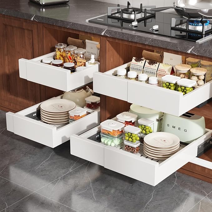 Seinloes 2 Pack Pull Out Cabinet Organizer Expandable Width(11"-16") and Depth(13"-17"),Slide Out Drawers With Raising Pad for Framed Cabinets,No Drill Roll Out Shelves for kitchen,Bathroom,White - Image 5