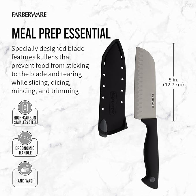Farberware Edgekeeper 5-Inch Santoku Knife with Self-Sharpening Blade Cover, High Carbon-Stainless Steel Kitchen Knife with Ergonomic Handle, Razor-Sharp Knife, Black - Image 3