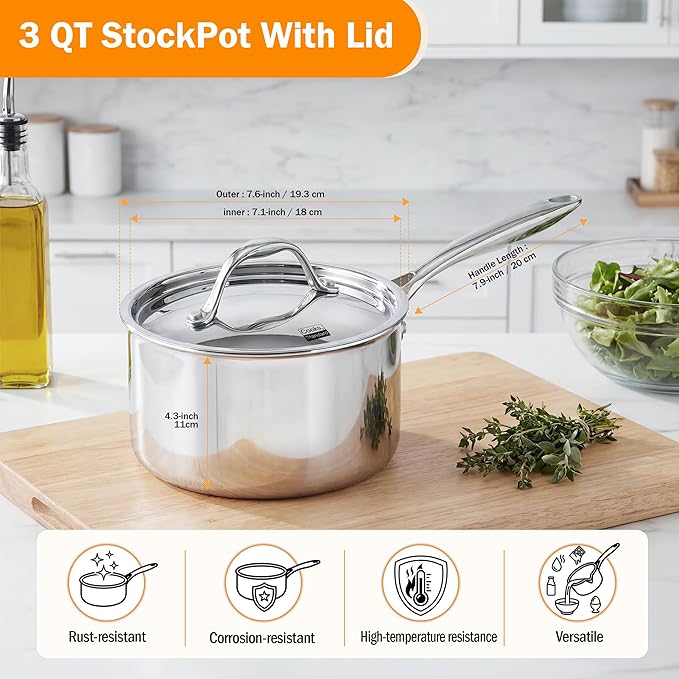 Cooks Standard Stainless Steel Sauce Pan with Lid, 3 Quarts Tri-Ply Clad Saucepan, Small Kitchen Induction Pot, Dishwasher & Oven Safe, Compatible with All Cooktops