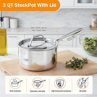 Cooks Standard Stainless Steel Sauce Pan with Lid, 3 Quarts Tri-Ply Clad Saucepan, Small Kitchen Induction Pot, Dishwasher & Oven Safe, Compatible with All Cooktops