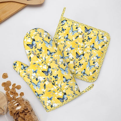 Oven Mitts and Pot Holders Watercolor Pastel Butterfly Flower Silicone Kitchen Accessories Set of 4 Heat Resistant Long Gloves Potholder Non-Slip Grip for Chef Cooking Baking Grilling BBQ