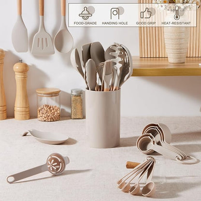 E-far Silicone Kitchen Utensils Set with Holder, 25-Piece Cooking Utensil Set with Wooden Handle for Nonstick Cookware, 446°F Heat Resistant Kitchen Tool Spatula Tong Whisk, Non-toxic & Healthy, Khaki - Image 6
