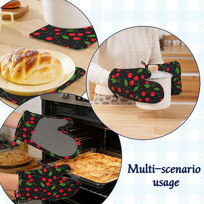Oven Mitts and Pot Holders Sets Red Black Cherry Silicone Kitchen Mits Potholders Tropical Fruit Cherries Heat Resistant 4Pcs Oven Gloves Hot Pads for Baking Cooking BBQ Grilling Home Decor