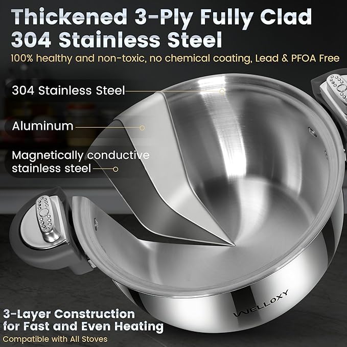 WELLOXY Stainless Steel Pot with Tight-Fitting Lid for Faster Cooking - 7.5 Qt Heavy-Duty Stock Pots for Stew Soup Pasta Gumbo with Stay-Cool Handles, Non-toxic Healthy Induction Cookware for Kitchen - Image 5