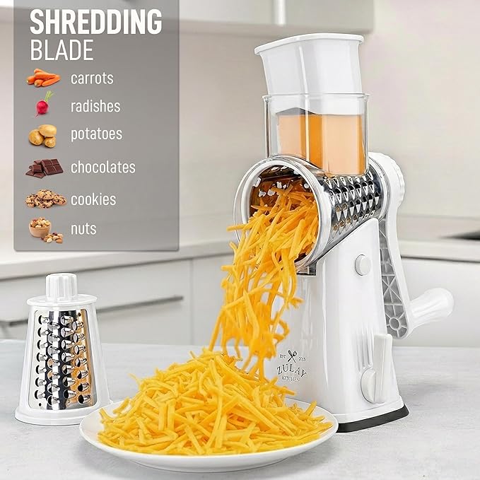 Zulay Kitchen Rotary Cheese Grater 5 Blade Cheese Shredder - Manual Hand Crank Cheese Grater With Reinforced Suction & 5 Interchangeable Drums - Easy to Use, Vegetable Chopper Round Mandoline Slicer - Image 3