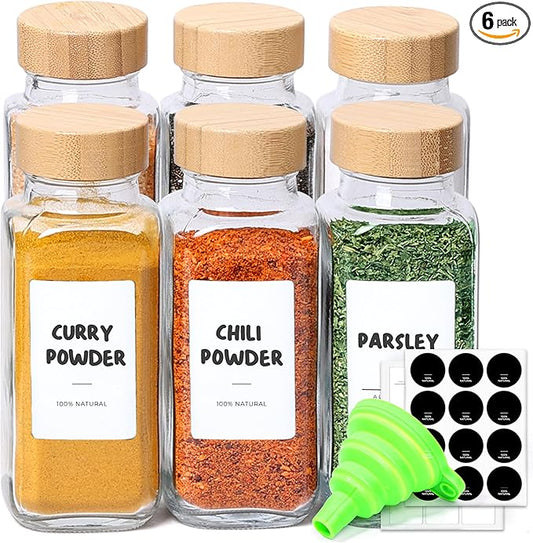 ComSaf 8 oz 6Pcs Glass Spice Jars with Label, Empty Spice Containers with Bamboo Lids, Square Seasoning Containers Trial and Supplement Set, Small Seasoning Bottles for Salt, Herbs, Sugar, Pepper by ComSaf
