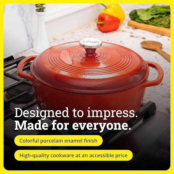 Lodge Essential Enamel Cast Iron Dutch Oven - Perfect for Bread Baking, Braising, Marinating & Slow Cooking - Features Moisture-Sealing Lid & Dual Handles - Kitchen Essentials - 6 Quarts - Poppy - Image 6