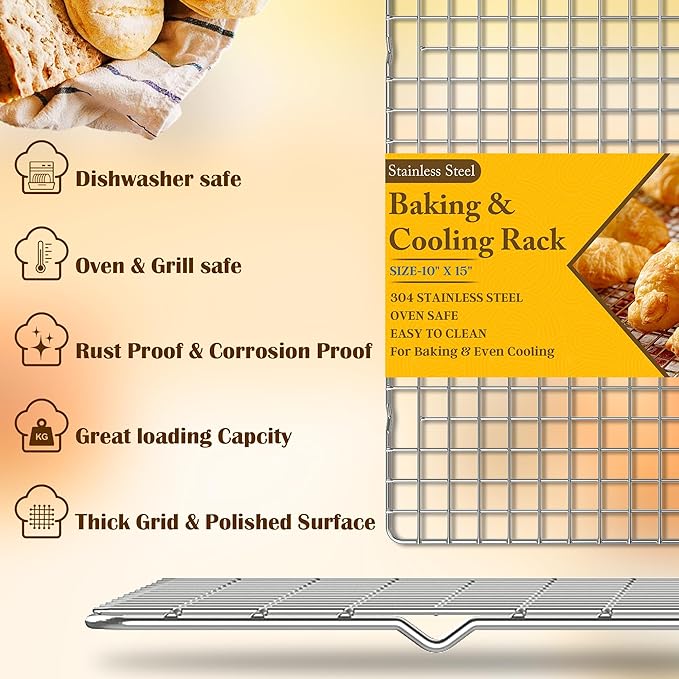 2PCS Cooling Racks for Cooking and Baking - 10" x 15"Heavy Duty Stainless Steel Wire Rack for Baking, Grilling, Roasting - Oven & Dishwasher Safe - Fits Jelly Roll Sheet Pan-Silver - Image 2