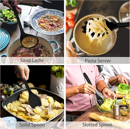 P&P CHEF Silicone Cooking Utensils Set of 7, Heat-proof Kitchen Utensils Set for Nonstick Cookware, Non-stick Spatula, Slotted Turner, Soup Ladle, Pasta Server, Spoon for Cooking Serving - Black - Image 4